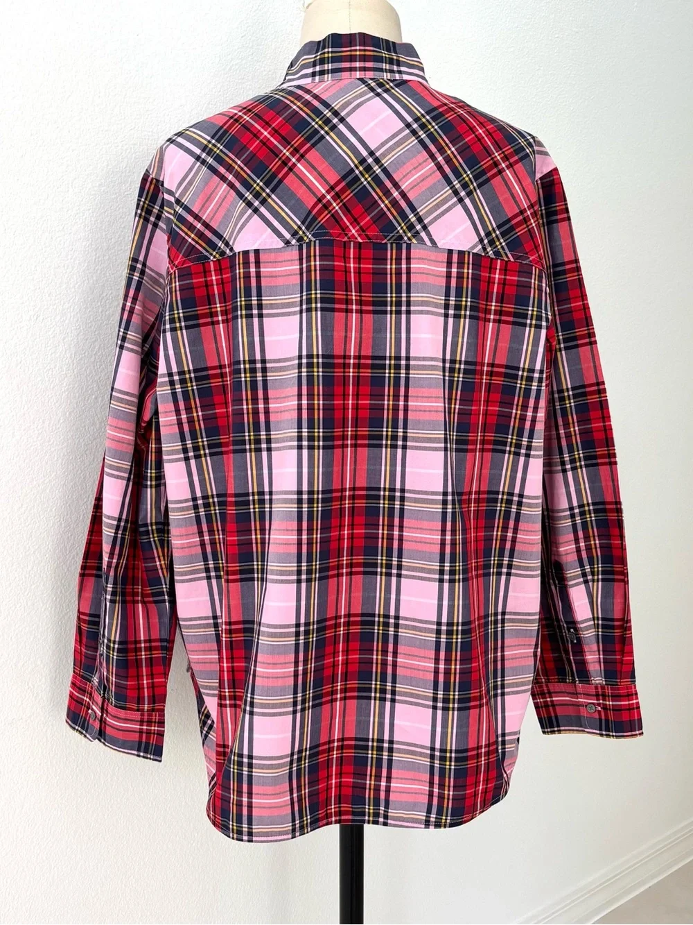 J.Crew Pink Stewart Tartan Band-Collar Popover Blouse NWT Jeweled Buttons 16